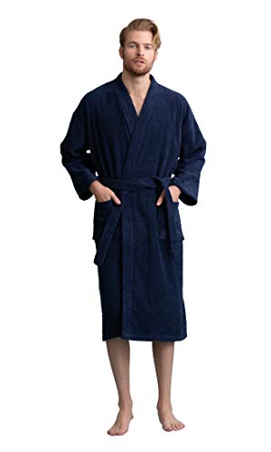Soft Touch Linen Men's Robe, Turkish Terry Bathrobe, Turkish Terry Kimono Spa Bathrobe (XX-Large, Navy-Custom)