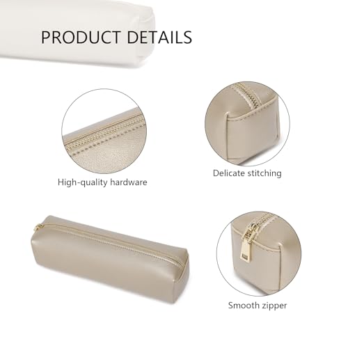 Image of Pencil Case Small Zipper Pen Pouch for School Office Art Supplies Stationery Organizer Bag for Pens Markers(Pearl White Tea /Faux Leather)