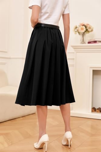 Cromoncent Women's Long Pleated Skirt with Pockets, High Waisted School Uniform A-line Skirts Long # Black Pocket, US 3XL2