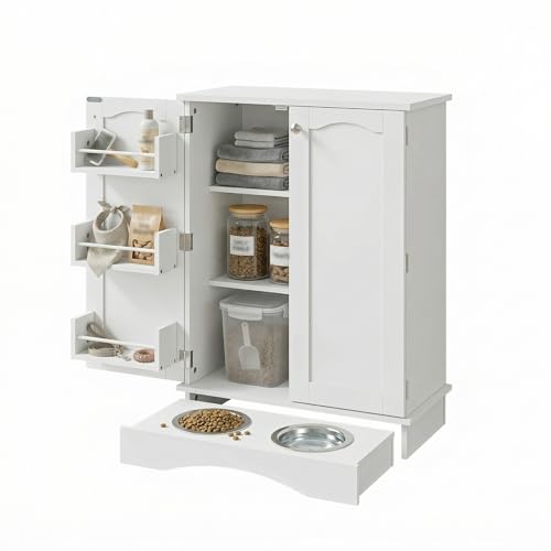 Mobile Contenitore Crocchette Cane con 2 Ciotole in Acciaio Inox, Stazione Pappa per Cani e Gatti con Ripiani Regolabili e Antiribaltamento, Bianco, 59,7 x 31 x 80,5 cm