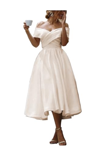 Image of Simple Short Wedding Dresses for Bride 2025 Elegant Off the Shoulder Ruffle Satin Bridal Shower Dress for Women