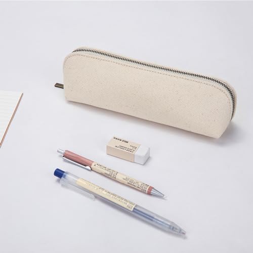 Image of Canvas Pencil Case Small Slim Pencil Pouch Pen Bag Zipper Pen Holder School Office College (Beige)