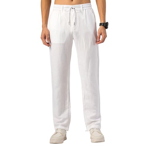 TONY BACKER Pantaloni Lino Uomo Leggero con Tasche Estivo da Yoga Pantaloni Casual da Spiaggia con Coulisse Elasticizzata in Vita F7221 (IT, Misura del girovita, 46, Regular, Regular, Bianco)