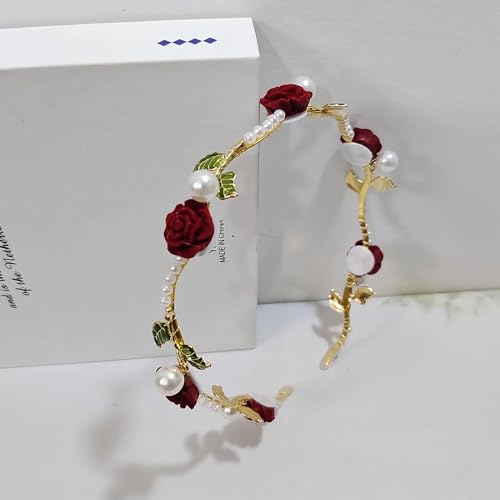 Pearl Rose Flower Headband 1920s French Vintage Camellia Hair Hoop 1920s Leaf hair Band Headpiece Accessories for Women Girls (Red) - Image 4