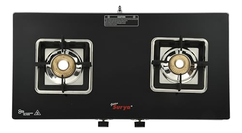 Image of Golden Surya 2 Burner Toughened Glass Gas Stove (CXJ-22 MS Pride) | Heavy Forged Brass | Manual Ignition | ISI Certified | 18 Months Warranty