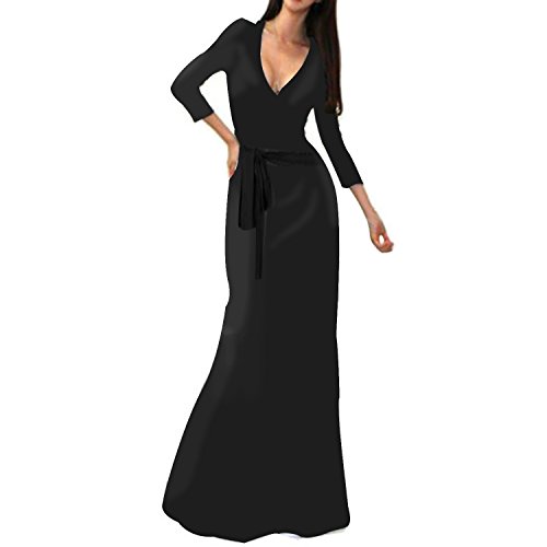 SUNNOW Womens Sexy Ladies Deep V Neck Party Dress Maxi Long Evening Dress (L, Black1)