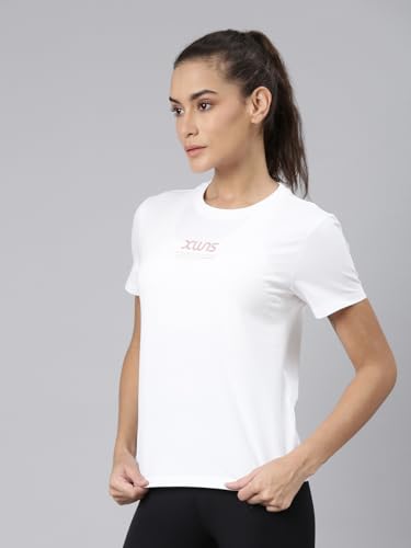 Image of XTEP Comprehensive Training Series, Slim Fit, Short Sleeve, Cotton+Elastene, Crew Neck Design, Twill Weave, Typography Printed Training T-Shirt for Women