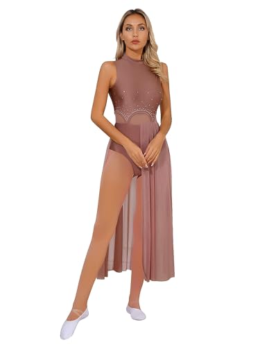 Vestido de danza contemporanea mujer maillot de patinaje sin manga vestido largo vestido de gasa irregular disfraz de bailarina marrón claro s