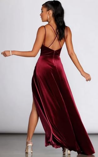 Fivsole Women's Long Velvet Bridesmaid Dress V-Neck Formal Evening Velvet Gowns with Slit with Pockets3