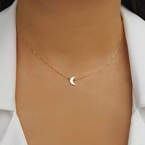 14k Gold Crescent Moon Solid Gold Necklace, Elegant Solid Gold Moon Charm Sideways Crescent Plain Gold Moon Necklace is a Great Gift For Her.