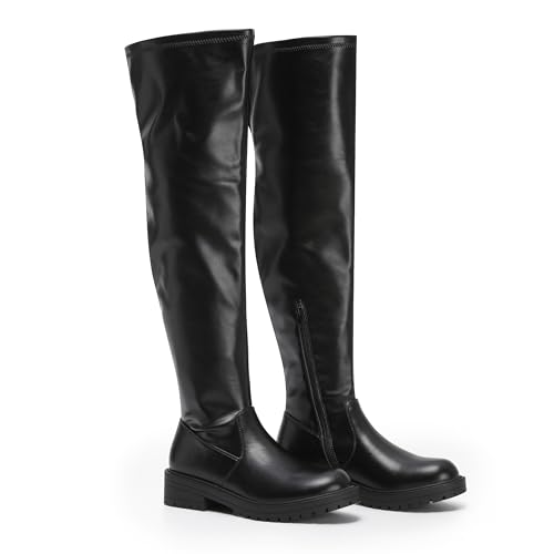 VIVASHOES Cuissardes Plates Femme Noires – Bottes Hautes Hiver en Simili Cuir, Stretch, Semelle Antiderapante, Petit Talon Confort – Style Elegant au Quotidien -...