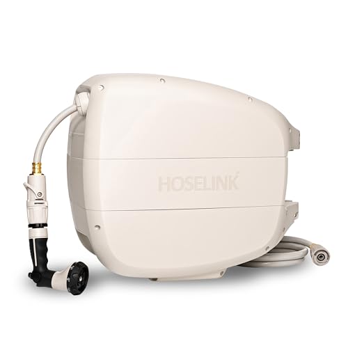 HOSELINK Evolve 90ft Hi-Flow Beige Retractable Garden Hose Reel NEW Heavy Duty Automatic Rewind Lock Anywhere 180 Degree Swivel Wall Mounted Watering Solution for yard and outdoors (90ft Hi-Flow)