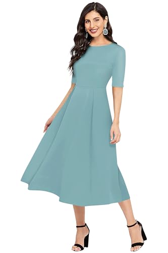 Image of LONDON BELLY Women's Regular Fit Polyester Blend Midi Flare Dress with Round Neck 3 /4 Sleeves Calf Length Solid Pattern and Pull On Closure Type |One Piece Dress for Women