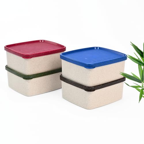 Eha Earth Friendly Storage Containers With Lid | Set of 4 | 500 ml | Made With Rice Husk | Microwave Safe & Fridge Storage Boxes | Multi-Light