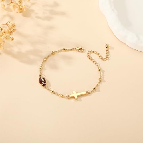 Image of Softball /Volleyball /Soccer /Basketball Football Bracelet for Girls Women, 14K Gold Plated Cross Link Chain Sport Accessories Christian Jewelry Gifts for Teens Team Coach Players