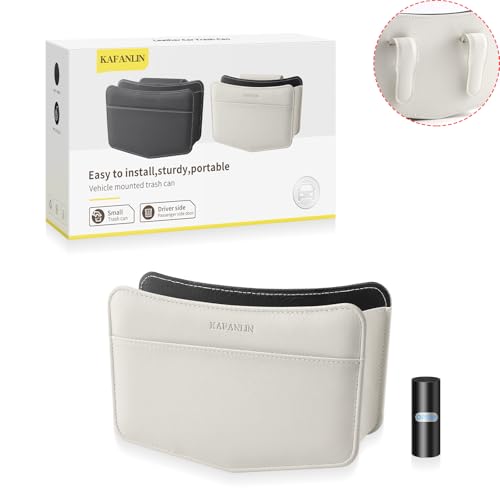 Image of Car Trash Can Small Leather Vehicle Trash Bin Car Dustbin Garbage Organizer Holder with Trash Bag Foldable Mini Cars Storage Bag Container for Auto SUV Van Trucks (White,Clip on)