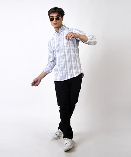 Image of TrapNation Men Regular Fit Checkered Full Sleeves Button Down Collar Casual Shirt (in, Alpha, S, Regular, Grey)