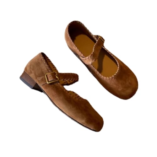ZQW Women's Cute Suede Mary Jane Shoes Lace Trim Retro Comfortable Ballet Flats Buckle Strap Soft Casual Leather Ballerinas