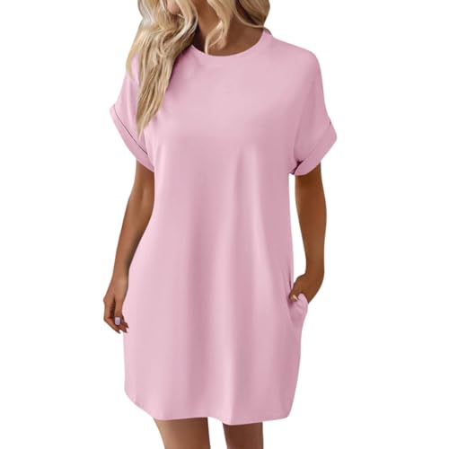 Boho Kleid Damen ballettkleidung mädchen Abendkleider elegant für Hochzeit lang Shirtkleider Sommer Einfarbig Rundhals Kurz Ärmel Shirt pink...
