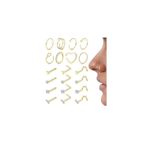 FIBO STEEL 18g Nose Rings Hoops Nose Studs - Hypoallergenic Surgical Steel CZ Nose Stud L Shape Body Nostril Piercing Jewelry for Women Men 14k Gold Plated 20Pcs Gold