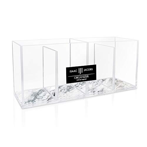 Isaac Jacobs 4-Compartment Clear Acrylic Organizer- Makeup Brush Holder- Storage Solution- Office, Bathroom, Kitchen Supplies and More (Marble)