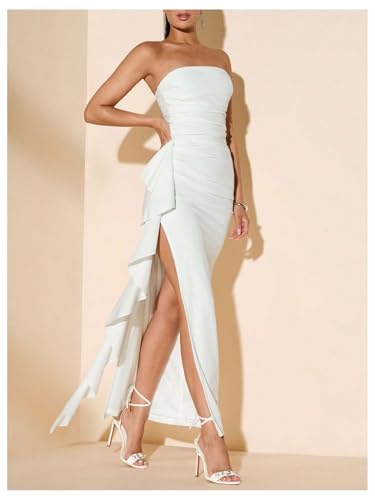 WDIRARA Women's Ruffle High Split Strapless Bodycon Dress Cocktail Wedding Party Maxi Dresses2