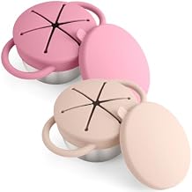 Mity rain Stainless Steel Snack Containers for Toddlers with Spill-Proof Silicone Lids Handles - 3-in-1 Baby Snack Cups, No-Spill Toddler Snack Box Pink+Yellow, Two piece set