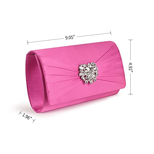 Image of Evening Bags For Women Pleated Satin Rhinestone Brooch Prom Clutch Purse With Detachable Chain Strap