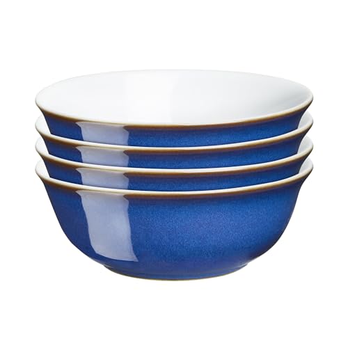 Denby - Imperial Blue Cereal Bowls Set of 4 - Dishwasher Microwave Safe Crockery 650ml 16.5cm - Royal Blue, White Ceramic Stoneware Tableware - Chip & Crack Resistant Soup Bowls