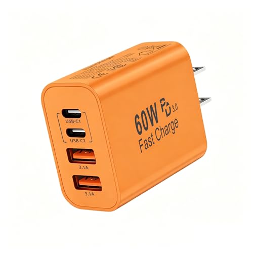 Image of 60W USB C Charger Block,4-Port USB C Wall Charger iPhone Charger Fast Charging Power Adapter+QC Wall Plug Multiport Type C Brick Chargers for iPhone 17 16 15 14 13 12 Pro Max,iPad Pro /Air /Mini-Orange