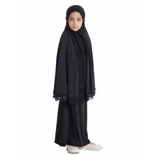 Image of Kids Girls Abaya Muslim Full Cover Lace Hijab Dress Kaftan Dubai Islamic Prayer Dress, 2pcs Set