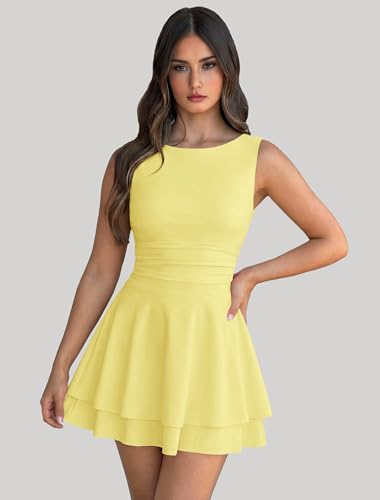 Image of IWD Women's Boat Neck Sleeveless Mini Dress Ruched Waist Flowy Tiered Ruffle Hem A Line Party Short Dresses