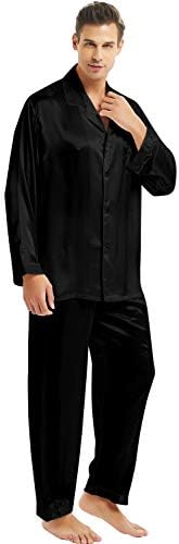 Lonxu Mens Silk Satin Pajamas Set M Dark Black