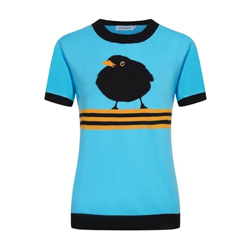 Women's Light Blue Knitted T-Shirt Short Sleeve, 1960s Mod Style Birds Pattern Crewneck Tops
