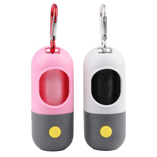 2 dispensadores de bolsas para excrementos de perro con linterna LED, soporte para bolsas de basura para mascotas con mosquetón de seguridad para correa, cada dispensador de bolsas de recogida de