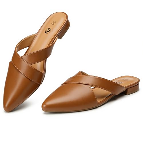Rekayla Mules for Women Pointed Toe Flats Backless Loafers Slip On Shoes for Women, PU Brown Size 10