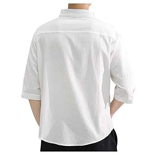 Generic Mens 3/4 Sleeve Shirts Summer Button Down Blouse Solid Color Cotton Linen Shirt Big and Tall Quick Dry Clothing White4