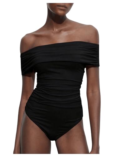 MakeMeChic Womens Off The Shoulder Bodysuit Ruched Going Out Body Suit Tops Skinny Sexy Leotard Top Black Small