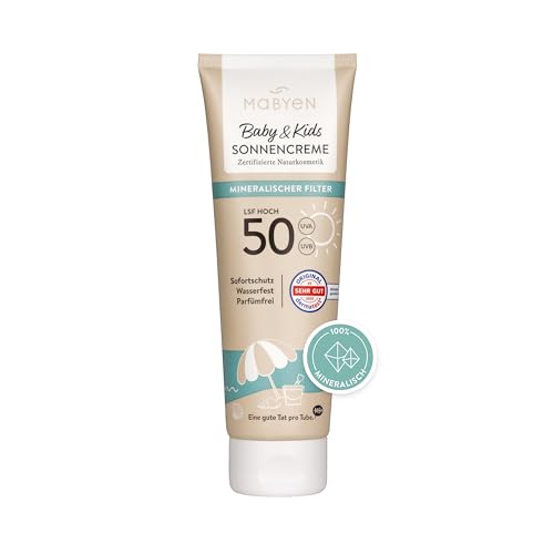 MABYEN 100% Mineralische Sonnencreme Baby & Kids LSF 50, 100ml – UVA/UVB-Filter, Kein Weißeln, Sofort-Schutz ohne Einwirkzeit – wasserfest, parfümfreie Naturkosmetik, vegan