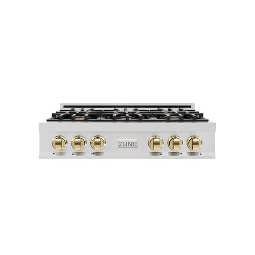 ZLINE Autograph Edition 36 in. Classic Gas Rangetop with 6 Burners and Porcelain Cooktop in Stainless Steel with Polished Gold Accents (RTZ-36-G)