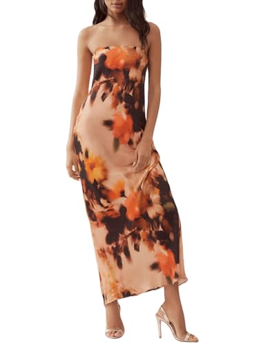 Image of Women Y2k Strapless Maxi Dress Floral Print Tube Long Dress Boho Beach Sundress Going Out Streetwear