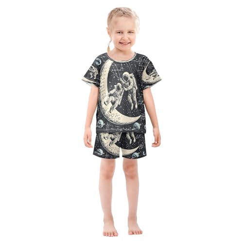 ALAZA Astronaut Moon Solar System Math Pajamas Set Short Sleeve Cotton Sleepwear Summer Pjs 2 Piece 5-14Y3
