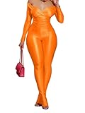 acelyn 2 Piece Outfits for Women Sexy Off Shoulder Tops Bodycon Flared Pant Sets Club Outfits Tracksuit Orange XL