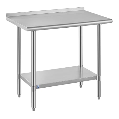 Image of ROCKPOINT All Stainless Steel Perp Table with Backsplash 24x36 Inch, Commercial Heavy Duty Table with Stainless Legs & Adjustable Undershelf, 750 lb Capacity for Restaurant,Home and Outdoor Kitchens