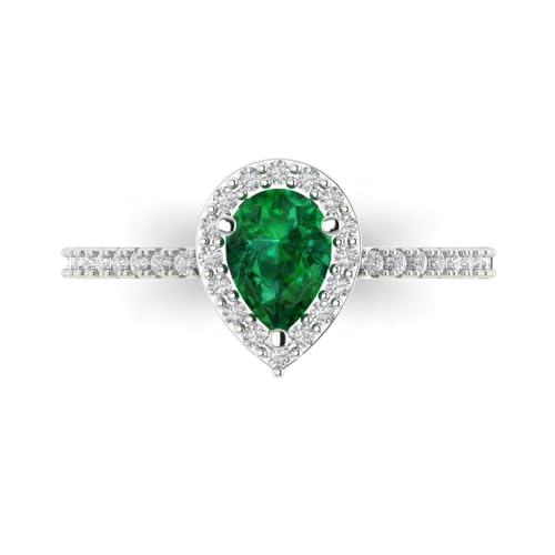 Clara Pucci 0.755 tcw Pear Cut Engagement Ring for Women, 14K Solid Gold, White Gold, Solitaire with Accents Simulated Emerald Bridal Anniversary Promise Ring