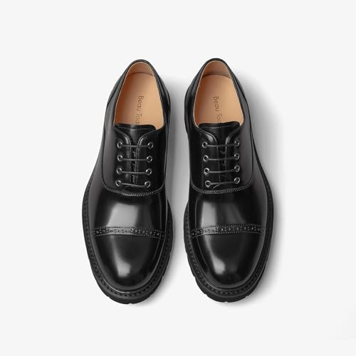 Image of BEAU TODAY Men's Wingtip Oxfords, Brogue Lace-Up Business Dress Derby Shoes | Genuine Cow Leather, Sheepskin Lining, Non-slip EVA Platform Outsole, Wingtip Brogue Design, Versatile For Work or Daily Life