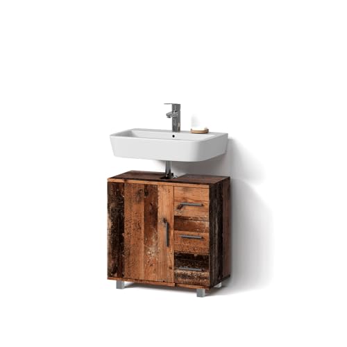 Livinity Mueble bajo Lavabo Eisak, Roble rústico, 60 x 60 cm con Puerta y 3 cajones