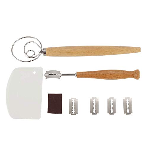 Sunmei Bread Baking Tool Set for Homemade-1 Premium Stainless Steel Dough Whisk 1 Scraper 1 Ergonomic Lame Bread Slashing Tool with 5 Sharp Blades and Leather Protective Cover for Bread Cake Pizza