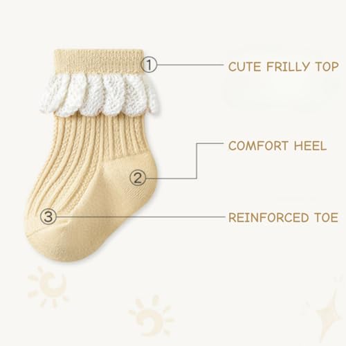 5 Pairs Baby Toddler Girls Princess Frilly Socks, Summer Ruffle Soft Cotton Thin Mesh Socks for Dress, 0~5T3