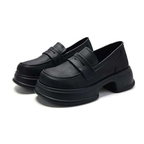 Image of Chunky Heel Platform Penny Loafers Women's Waterproof Fashionable Round Wide Toe Slip-On Thick Sole Work Shoes for Uniform Business Work Formal Wear